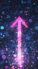 Poster - Upward Arrow Ascending Through Digital Cityscape with Bokeh Lights and Sparkles Vertical Abstract View