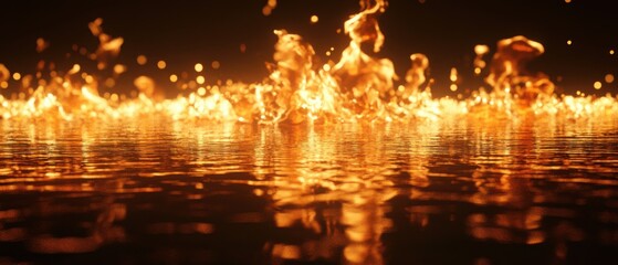 Poster - Fiery Inferno Reflecting on Water Surface, Abstract Golden Flames, Dramatic Lighting, Low Angle Shot, Fantasy Scene