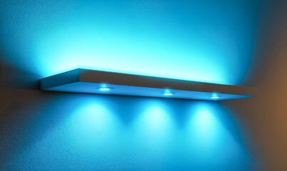 Poster - Illuminated modern floating shelf mounted on a textured wall emitting vibrant blue light with embedded spot lights for home decor.