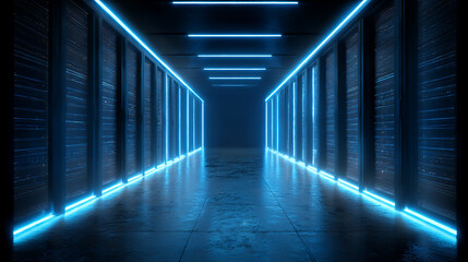 Poster - Futuristic neon hallway interior abstract background glowing lights technology architecture design concept