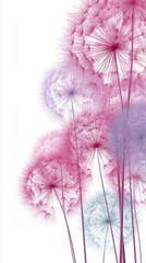 Poster - Dandelion Seed Heads Abstract Pink and Blue Against White Background Low Angle Close Up Botanical Illustration