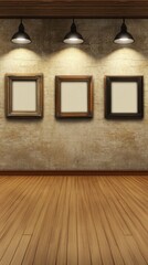 Poster - Three Frames on Textured Wall with Spotlights in Gallery Setting Vertical Shot Interior Design