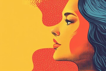 Poster - Woman Profile in Pop Art Style Illustration with Bold Colors and Halftone Pattern Graphic Design