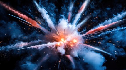 Poster - Fireworks exploding in night sky aerial view celebration pyrotechnics display festive event orange blue smoke trails