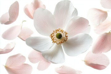 Poster - Floating Anemone Flower with Falling Petals on White Background Studio Shot Close Up Delicate Floral Design
