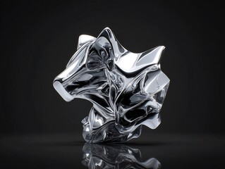Poster - Polished Chrome Animal Sculpture with Distorted Reflections on a Black Background