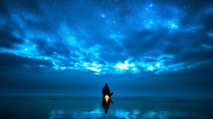 Wall Mural - Solitary figure meditating on icy lake under a celestial night sky