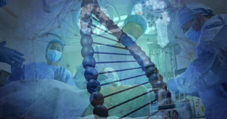 Poster - Medical team performing surgery under surgical lights, showing 3D DNA helix overlay and IV drip