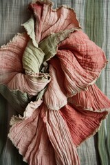 Poster - Abstract textile art with coral and sage hues, textured fabric folds in a floral design, studio shot