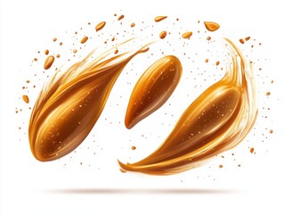 Poster - Caramel swirls in motion against white backdrop studio shot; golden liquid flowing in abstract shapes; sweet dessert topping ingredients