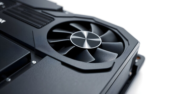 Modern graphics card cooling fan spinning on white background
