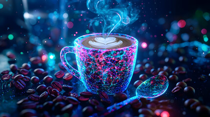 Poster - Glowing Neon Coffee Cup With Abstract Art Design