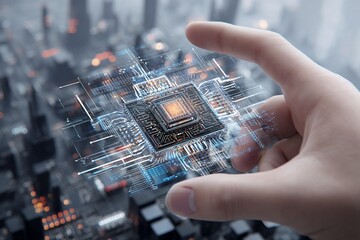 Poster - Hand showcasing futuristic microchip technology over cityscape backdrop