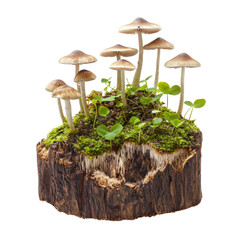 Poster - Mushrooms grow on wooden stump surrounded by green plants and moss, creating vibrant and natural scene. This captures beauty of nature and intricate details of fungi