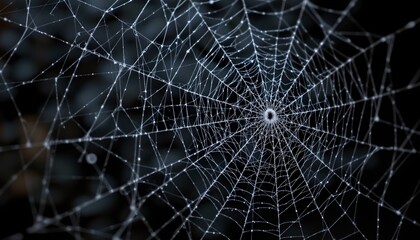 Intricate Spiderweb glistening with morning dew a detailed close up shot