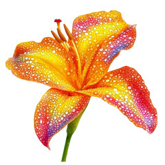 Poster - Bright orange lily flower with vibrant yellow and red petals, adorned with water droplets, showcasing its beauty and freshness