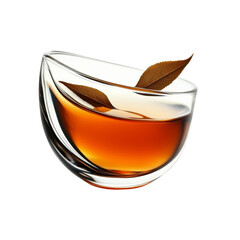 Poster - glass bowl filled with amber liquid and adorned with two brown leaves creates warm and inviting atmosphere