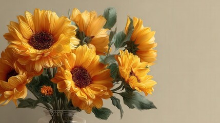 Aufkleber - Beautiful vase filled with bright yellow flowers on a matte cream background creating a joyful and lively atmosphere