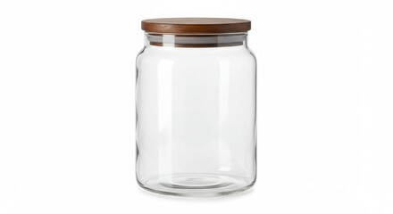 Poster - Clear glass jar with wooden lid isolated on white background for storage