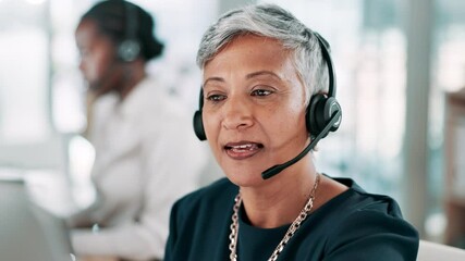 Poster - Call center, computer and woman consulting with microphone for product advice, lead generation and help. Telemarketing agent, mature person and headset for inbound query, online sales and contact us