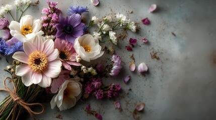 Aufkleber - Charming bunch of freshly picked flowers displayed on a rustic table with natural lighting enhancing their colors