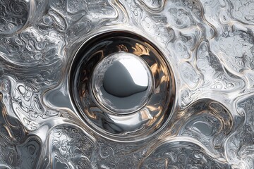 Poster - Fluid chrome surface, spherical indentation, intricate swirling patterns