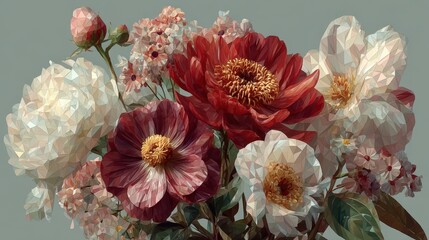 Aufkleber - Stunning digital art representation of a vase filled with a beautiful bouquet of geometric flowers in vibrant colors
