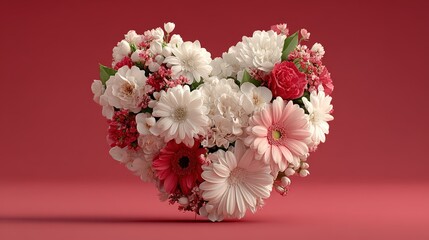 Aufkleber - Beautiful heart shaped arrangement of fresh flowers on a bold red background creating a romantic and artistic display