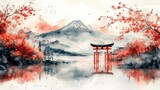 Japanese landscape with Mount Fuji, cherry blossoms, and torii gate. Watercolor style