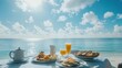 © EpicFade - Luxury Breakfast on Tropical Beach with Ocean View in Maldives; Pancakes Eggs and Orange Juice on Table; Relaxing Vacation at Resort; Sunny Day with Blue Sky and Clouds