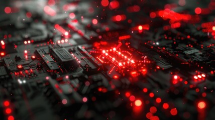Poster - Abstract red digital circuit board with glowing lights. Digital artwork of black electrical circle with vibrant red color. Technology innovation and electronics concept. Motherboard design. AIG53.