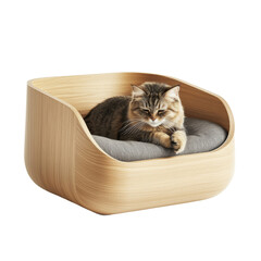 Poster - cozy wooden cat bed with soft gray cushion, perfect for relaxation. modern design complements any home decor while providing comfort for your feline friend