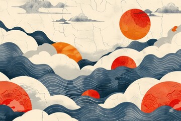 Poster - Abstract wavy lines and red circle on textured beige background. Background image of sunset with red sun and wavy line as cloud with white background. Modern graphic design. Abstract image. AIG51.