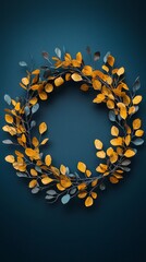Poster - Teal and Mustard Diagonal Wreath on Dark Backdrop Featuring Intricate Leaf Patterns Floral Arrangement and Abstract Design