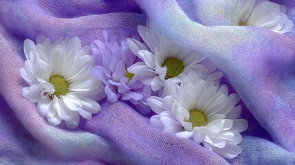 Poster - A bunch of white flowers displayed on a beautiful purple cloth creating a striking contrast