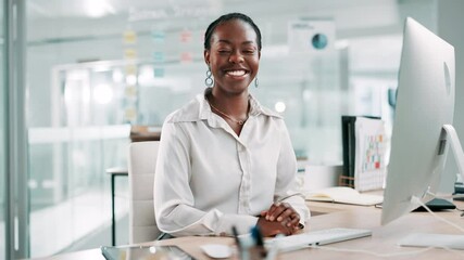 Aufkleber - Black woman, face and smile by computer at office, pride and typing with financial report at company. African person, accountant and happy with portrait, pc and review for audit at agency in Nigeria