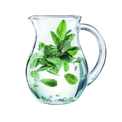 Poster - Refreshing mint infused water in clear glass pitcher, showcasing vibrant green mint leaves floating in crystal clear water, perfect for hydration and summer gatherings