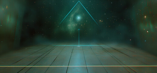 Poster - Abstract futuristic space station interior with glowing geometric shape against a starry nebula background.