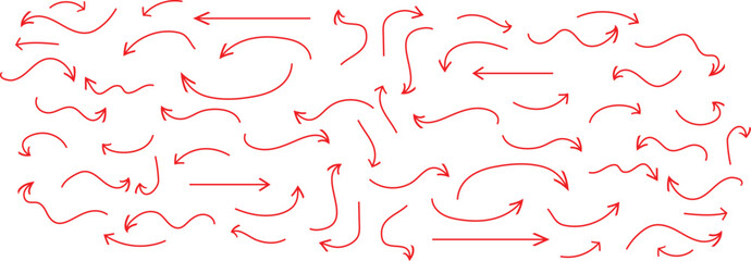 Poster - set of red thin line curve arrow. hand drawn direction arrow vector illustration.
