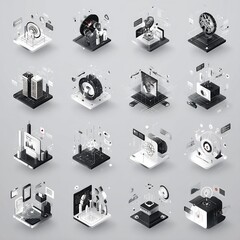 Poster - Isometric Visualization: Abstract Data and Technology Concepts with Black and White Hue