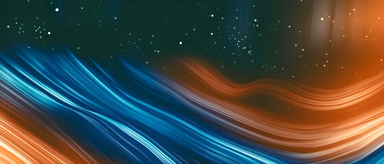 Aufkleber - Abstract flowing blue and orange lines with shimmering particle effects and a dark celestial gradient background.