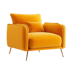 Poster - vibrant yellow armchair with plush cushions and sleek metal legs, perfect for modern living spaces. This stylish piece adds pop of color and comfort to any room