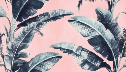 Poster - Pastel pink backdrop with dark, patterned banana leaves.