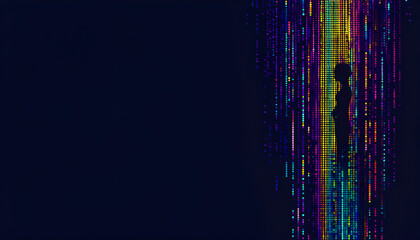 Aufkleber - Silhouette of a person standing amidst a vertical stream of multicolored pixelated light against a dark backdrop