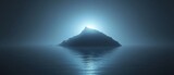 Ethereal Island Peak Emerging from Misty Waters in Serene Landscape Photography with Glowing Light and Reflections