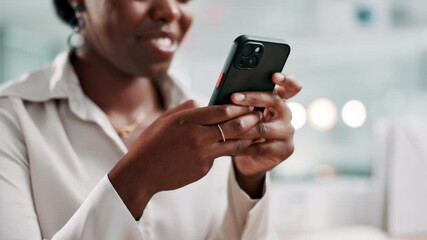 Poster - Office, smile and black woman with smartphone for chat, article question or writer for online contact. Happy, female person and journalist with cellphone for business source, news app or social media