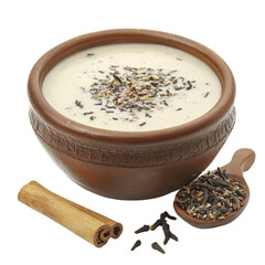 Poster - Creamy yogurt with spices in clay bowl, garnished with seeds and cinnamon. Perfect for enhancing flavors in dishes or enjoying as healthy snack
