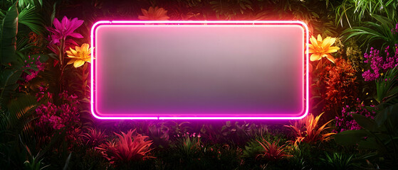 Poster - Neon Pink Frame Against Tropical Floral Background