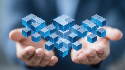 Poster - Individual holding a cube representing blockchain-based transaction console and the concept of verified transactions