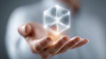Poster - Individual holding a transparent crystal cube representing blockchain enhanced shareholder logic and transparency concept